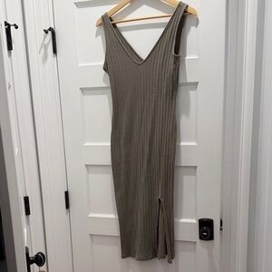 Fashion Nova V-Neck Ribbed Midi Dress in Olive